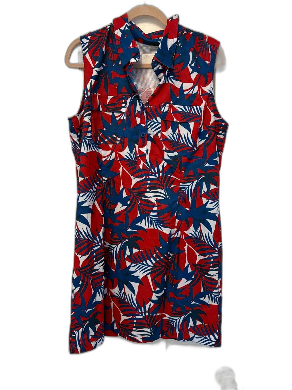 Sleeveless Red & Blue Tropical Print A-Line Dress Lightweight Summer Size Large